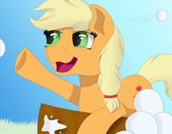 Size: 1023x796 | Tagged: safe, artist:fia94, imported from derpibooru, applejack, pony, advent calendar, christmas, female, open mouth, snow, snowball, snowball fight, solo