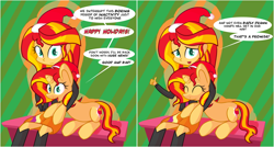 Size: 1608x863 | Tagged: safe, artist:miroslav46, imported from derpibooru, sunset shimmer, human, pony, unicorn, announcement, dialogue, human ponidox, humanized, looking at you, meta, self ponidox, simple background, smiling, speech bubble, sunset shimmer hates you, thumbs up