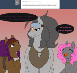 Size: 1079x1028 | Tagged: safe, artist:lunis1992, imported from derpibooru, oc, oc only, oc:fury, oc:glory forge, oc:warcry, ask the amazon mares, mother, mother's day, tumblr