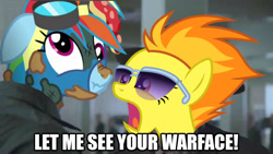 Size: 1280x720 | Tagged: safe, edit, imported from derpibooru, rainbow dash, spitfire, newbie dash, full metal jacket, image macro, let me see your war face, meme, rainbow trash, war face, wonderbolts uniform