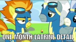 Size: 1000x564 | Tagged: safe, edit, edited screencap, imported from derpibooru, screencap, silver lining, silver zoom, spitfire, wind waker (character), pegasus, pony, newbie dash, caption, female, image macro, male, mare, meme, spitfire is not amused, stallion, text, watermark, wind waker, wonderbolts uniform