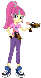 Size: 3200x6000 | Tagged: safe, artist:razethebeast, imported from derpibooru, sour sweet, equestria girls, friendship games, absurd resolution, clothes, combuster, crossover, dual wield, female, flash puppet, freckles, new outfit, pants, ratchet and clank, shoes, simple background, sneakers, solo, transparent background, vector, weapon