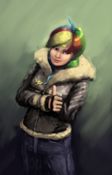 Size: 705x1103 | Tagged: safe, artist:bakuel, imported from derpibooru, rainbow dash, human, newbie dash, badge, bomber jacket, clothes, female, fingerless gloves, gloves, humanized, jacket, pants, solo, thumbs up, wonderbolts logo, zipper