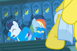 Size: 1080x720 | Tagged: safe, artist:dm29, imported from derpibooru, rainbow dash, soarin', spitfire, pegasus, pony, newbie dash, coed, female, locker room, male, mare, stallion, towel, trio, we don't normally wear clothes, wonderbolts, wonderbolts uniform