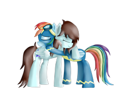 Size: 3750x3000 | Tagged: safe, artist:anonymous, imported from derpibooru, rainbow dash, oc, oc:linormusicbeat, pegasus, pony, newbie dash, female, hug, mare, simple background, white background, wonderbolts uniform