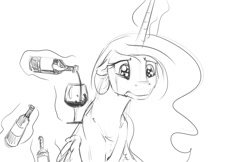 Size: 1190x770 | Tagged: safe, artist:silfoe, imported from derpibooru, princess celestia, alicorn, pony, royal sketchbook, alcohol, crying, female, grayscale, mare, monochrome, sad, sadlestia, solo, wine, wine glass