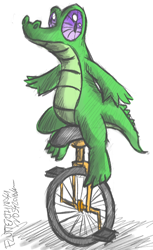 Size: 686x1119 | Tagged: safe, artist:flutterthrash, imported from derpibooru, gummy, dat boi, male, meme, misleading thumbnail, solo, unicycle