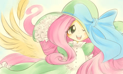 Size: 1820x1100 | Tagged: safe, artist:unousaya, imported from derpibooru, fluttershy, blushing, clothes, cute, dress, female, frilly dress, hat, one eye closed, open mouth, ribbon, shyabetes, smiling, solo