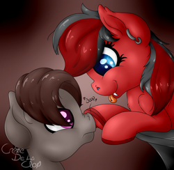 Size: 3592x3500 | Tagged: safe, artist:cremedelaclop, imported from derpibooru, oc, oc only, oc:cherry bomb, oc:discorded doctor, bat pony, pony, boop, fangs, oc x oc, piercing, shipping, tongue out