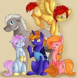 Size: 1280x1280 | Tagged: safe, artist:wavemasterkaz, imported from derpibooru, oc, oc only, oc:ellison pippin, oc:star bright, earth pony, pegasus, pony, unicorn, boots, cape, clothes, flying, group shot, necklace, shirt, smiling, waving