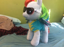 Size: 1024x765 | Tagged: safe, artist:goofermutt, imported from derpibooru, rainbow dash, wonderbolts academy, build-a-bear, irl, photo, plushie, sunglasses, wonderbolt trainee uniform