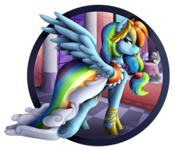 Size: 2100x1800 | Tagged: safe, artist:kikirdcz, imported from derpibooru, caesar, count caesar, rainbow dash, royal ribbon, bedroom eyes, canterlot, clothes, dress, gala dress, grand galloping gala, looking back, signature, simple background, solo focus, tongue out, transparent background, underhoof