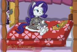 Size: 3504x2379 | Tagged: safe, artist:horrormage, imported from derpibooru, rarity, sweetie belle, anthro, plantigrade anthro, barefoot, bed, clothes, feet, laughing, nail polish, one eye closed, soles, tickling, toes