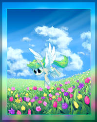 Size: 4882x6121 | Tagged: safe, artist:ratiasuq, imported from derpibooru, oc, oc only, pegasus, pony, absurd resolution, cloud, colorful, colourful, flower, flower field, flower in hair, flower in tail, flying, sky, solo, spread wings, spring, wings