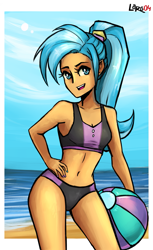 Size: 1227x2000 | Tagged: safe, artist:lady-largo, imported from derpibooru, allie way, human, beach, beach ball, bikini, clothes, humanized, ponytail, solo, swimsuit