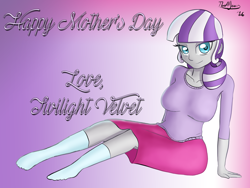 Size: 4000x3000 | Tagged: safe, artist:thealjavis, imported from derpibooru, twilight velvet, equestria girls, absurd resolution, breasts, busty twilight velvet, clothes, equestria girls-ified, female, looking at you, mother's day, signature, sitting, skirt, socks, solo