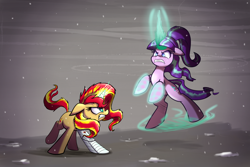 Size: 1800x1200 | Tagged: safe, artist:heir-of-rick, imported from derpibooru, starlight glimmer, sunset shimmer, pony, unicorn, duo, fight, magic, prosthetics, sunset vs starlight