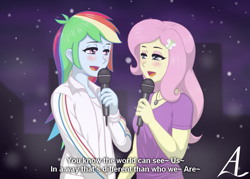 Size: 1115x799 | Tagged: safe, artist:acesrockz, imported from derpibooru, fluttershy, rainbow dash, equestria girls, breaking free, clothes, crossover, dialogue, disney, duet, female, flutterdash, high school musical, lesbian, lyrics, microphone, open mouth, scene interpretation, shipping, singing