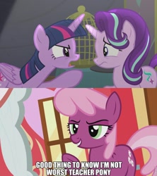 Size: 853x960 | Tagged: safe, imported from derpibooru, screencap, cheerilee, starlight glimmer, twilight sparkle, alicorn, pony, no second prances, female, flowey, image macro, mare, meme, twilight sparkle (alicorn), undertale, worst pony