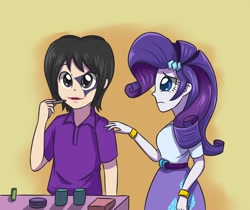 Size: 1024x862 | Tagged: safe, artist:sumin6301, imported from derpibooru, rarity, oc, oc:sumin, equestria girls, bracelet, clothes, equestria girls-ified, face paint, lipstick, makeup, skirt, table