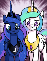 Size: 1071x1380 | Tagged: safe, artist:pencils, color edit, edit, imported from derpibooru, princess celestia, princess luna, alicorn, pony, colored, duo, female, looking at you, mare, royal sisters, varying degrees of want