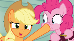 Size: 672x379 | Tagged: safe, imported from derpibooru, screencap, applejack, pinkie pie, newbie dash, boop, discovery family logo, hoofjack