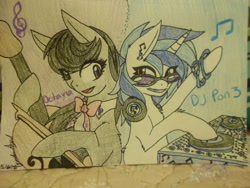 Size: 1024x768 | Tagged: safe, artist:darkclawtimelord, imported from derpibooru, dj pon-3, octavia melody, vinyl scratch, bracelet, cello, duo, ear piercing, earring, musical instrument, piercing, sketch, traditional art, turntable