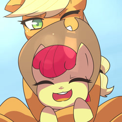 Size: 1000x1000 | Tagged: safe, artist:aquacola, imported from derpibooru, apple bloom, applejack, accessory swap, adorabloom, cute, open mouth, sisters