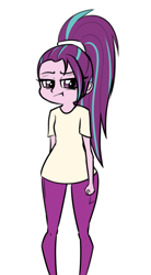 Size: 478x869 | Tagged: safe, artist:mayde-m, imported from derpibooru, aria blaze, equestria girls, alternate hairstyle, clothes, female, frown, looking at you, ponytail, simple background, solo, t-shirt, white background