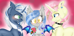 Size: 1280x627 | Tagged: safe, artist:pvrii, artist:silent-shadow-wolf, imported from derpibooru, oc, oc only, oc:coastal frost, oc:midnight radiance, oc:neapolitan blitz, bouquet, necklace