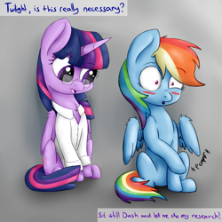 Size: 5000x5000 | Tagged: dead source, safe, artist:pucksterv, imported from derpibooru, rainbow dash, twilight sparkle, alicorn, pony, absurd resolution, blushing, chest fluff, clothes, female, for science, glasses, lab coat, mare, pomf, sitting, text, twilight sparkle (alicorn), wingboner