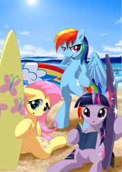 Size: 1024x1448 | Tagged: safe, artist:nekokevin, imported from derpibooru, fluttershy, rainbow dash, twilight sparkle, beach, book, looking at you, surfboard