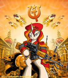 Size: 950x1080 | Tagged: safe, artist:cyrilunicorn, imported from derpibooru, sunset shimmer, bear, pony, robot, unicorn, airship, bipedal, clothes, command and conquer, communism, crossover, female, gun, hooves, horn, kirov airship, mare, natasha volkova, optical sight, red alert, red alert 3, rifle, scope, sniper, sniper rifle, sniperskya vintovka dragunova, solo, soviet, soviet shimmer, tesla trooper, uniform, weapon