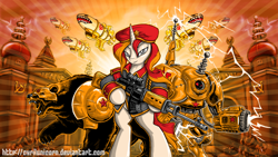 Size: 1920x1080 | Tagged: safe, artist:cyrilunicorn, imported from derpibooru, sunset shimmer, bear, pony, unicorn, airship, animal, bipedal, clothes, command and conquer, communism, crossover, female, gun, hooves, horn, kirov airship, mare, natasha volkova, optical sight, red alert, red alert 3, rifle, scope, sniper, sniper rifle, sniperskya vintovka dragunova, solo, soviet, soviet shimmer, tesla trooper, uniform, wallpaper, weapon