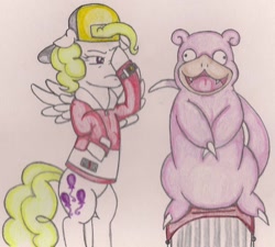 Size: 1153x1038 | Tagged: safe, artist:thegloriesbigj, imported from derpibooru, surprise, slowpoke (pokémon), facehoof, pokémon, pun, traditional art