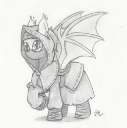 Size: 890x897 | Tagged: safe, artist:sensko, imported from derpibooru, oc, oc only, bat pony, pony, grayscale, hood, monochrome, pencil drawing, raised hoof, simple background, sketch, solo, spy, traditional art, white background