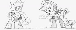 Size: 4000x1610 | Tagged: safe, artist:ncmares, imported from derpibooru, applejack, rainbow dash, pony, applejack bunyan, clothes, dialogue, giant pony, giantess, macro, monochrome, open mouth, paul bunyan, size difference, sketch, smiling, smoldash, wip