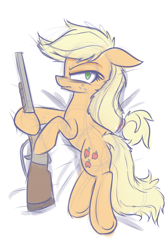 Size: 1000x1501 | Tagged: safe, artist:heir-of-rick, imported from derpibooru, applejack, pony, body pillow, body pillow design, female, gun, looking at you, pillow, shotgun, simple background, sketch, solo, weapon