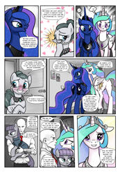 Size: 1331x1920 | Tagged: safe, artist:pencils, imported from derpibooru, cloudy quartz, maud pie, princess celestia, princess luna, oc, oc:anon, alicorn, earth pony, human, pony, comic:anon's pie adventure, adoraquartz, adventure in the comments, anon ride, blushing, bracer, clothes, comic, crown, cute, cutelestia, derail in the comments, dock, dress, eyeshadow, female, glasses, hair bun, holding a pony, horseshoes, human male, jewelry, lunabetes, makeup, male, mare, maudabetes, moonbutt, necklace, necktie, nose wrinkle, pants, praise the moon, praise the sun, regalia, royal sisters, shirt, smiling, sunbutt, user meltdown in the comments, varying degrees of want, when she smiles