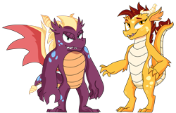 Size: 1111x715 | Tagged: safe, artist:dbkit, imported from derpibooru, oc, oc only, oc:spiral, oc:toasty, dragon, duo, offspring, parent:garble, parent:princess ember, parents:emble, simple background, teenaged dragon, transparent background