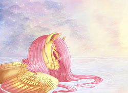 Size: 900x653 | Tagged: safe, artist:earthsong9405, imported from derpibooru, fluttershy, pegasus, pony, eyes closed, female, solo, water, wet mane