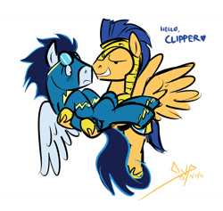 Size: 1024x971 | Tagged: safe, artist:bgn, imported from derpibooru, flash sentry, general flash, soarin', pegasus, pony, newbie dash, altius volans, armor, bedroom eyes, carrying, clipper, crack shipping, embrace, explicit source, gay, heart, helmet, hug, husbando thief, male, nervous, royal guard, shipping, simple background, soarinsentry, spread wings, stallion, white background, wonderbolts uniform