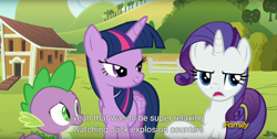Size: 1920x970 | Tagged: safe, imported from derpibooru, screencap, rarity, spike, twilight sparkle, twilight sparkle (alicorn), alicorn, pony, applejack's "day" off, lidded eyes, meme, youtube caption