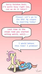 Size: 800x1389 | Tagged: safe, artist:yuwentaiji, imported from derpibooru, fluttershy, rainbow dash, blushing, female, flutterdash, implied shipping, lesbian, shipping, shipping denied, steam room