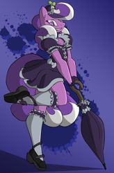 Size: 614x937 | Tagged: safe, artist:theburningdonut, imported from derpibooru, screwball, anthro, earth pony, plantigrade anthro, clothes, female, gloves, gothic lolita, raised leg, solo, umbrella
