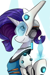 Size: 2000x3000 | Tagged: safe, artist:php25, deleted from derpibooru, imported from derpibooru, rarity, cyborg, bronycon, bronycon 2016, amputee, armor, crossover, overwatch, print, prosthetic limb, prosthetics, solo, symmetra, visor