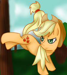 Size: 1000x1107 | Tagged: safe, artist:knirrax, imported from derpibooru, applejack, pony, applebucking, female, solo