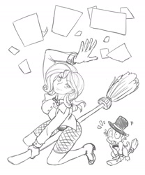 Size: 1280x1539 | Tagged: safe, artist:nauth, imported from derpibooru, spike, sunset shimmer, human, broom, flying broomstick, humanized, monochrome, sketch