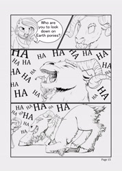 Size: 3552x4976 | Tagged: safe, artist:silfoe, imported from derpibooru, grogar, princess celestia, comic:ascension, cloven hooves, comic, earth pony celestia, g1, grayscale, grogar (g1), laughing, male, monochrome, ram, unamused, younger