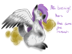 Size: 1600x1200 | Tagged: safe, artist:deejaytheblank, imported from derpibooru, oc, oc only, oc:lavender breeze, pegasus, pony, burp, fart, fart fetish, fetish, gassy, inflation, male, solo, spread wings, stallion, sweat, text, wat